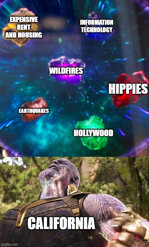 sorry in advance if you're a californian; i understand that the wildfires have given you a hard time lately | EXPENSIVE RENT AND HOUSING; INFORMATION TECHNOLOGY; WILDFIRES; HIPPIES; EARTHQUAKES; HOLLYWOOD; CALIFORNIA | image tagged in thanos infinity stones,california,america,hollywood,avengers,memes | made w/ Imgflip meme maker