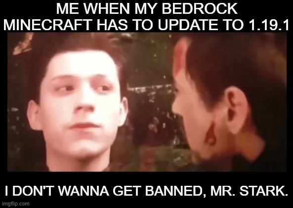 I don't wanna go, Mr. Stark | ME WHEN MY BEDROCK MINECRAFT HAS TO UPDATE TO 1.19.1 I DON'T WANNA GET BANNED, MR. STARK. | image tagged in i don't wanna go mr stark | made w/ Imgflip meme maker
