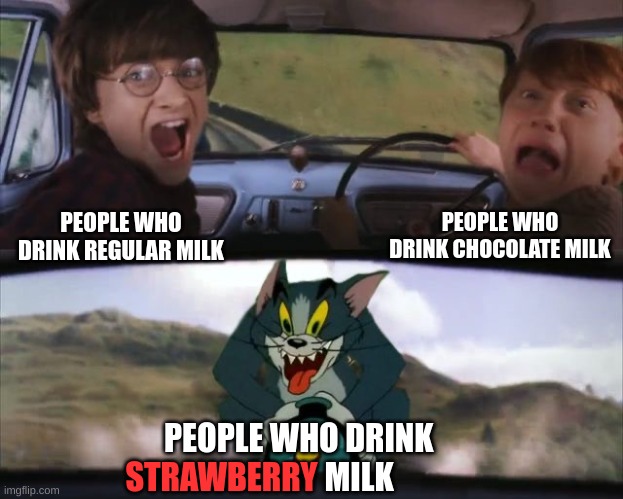 the people that drink strawberry milk's dad never came back with the milk | PEOPLE WHO DRINK CHOCOLATE MILK; PEOPLE WHO DRINK REGULAR MILK; PEOPLE WHO DRINK                    MILK; STRAWBERRY | image tagged in tom chasing harry and ron weasly | made w/ Imgflip meme maker