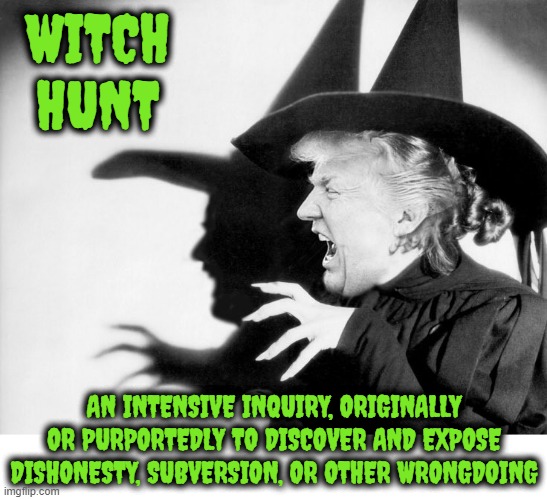 WITCH HUNT | WITCH HUNT; AN INTENSIVE INQUIRY, ORIGINALLY OR PURPORTEDLY TO DISCOVER AND EXPOSE DISHONESTY, SUBVERSION, OR OTHER WRONGDOING | image tagged in witch hunt,inquiry,criminal,dishonesty,expose,accused | made w/ Imgflip meme maker