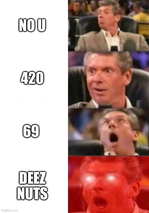 The internet in a nutshell pun intended | NO U; 420; 69; DEEZ NUTS | image tagged in mr mcmahon reaction | made w/ Imgflip meme maker