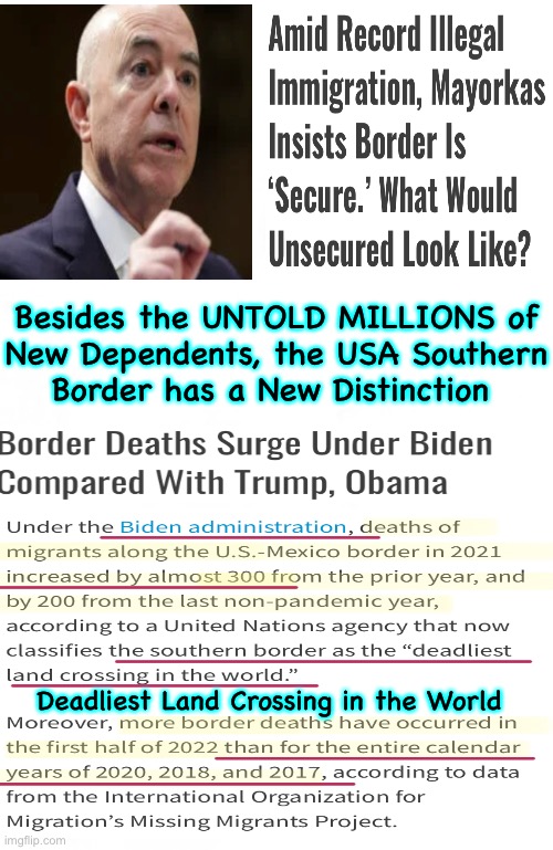 THIS, TOO, is on All of You, FJ BIDEN VOTERS | Besides the UNTOLD MILLIONS of
New Dependents, the USA Southern
Border has a New Distinction; Deadliest Land Crossing in the World | image tagged in memes,what border,idiot progressives love destroying,not building not maintaining,make a good thing shit,fjb voters | made w/ Imgflip meme maker