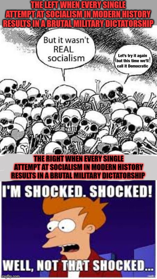 Surprise surprise | THE LEFT WHEN EVERY SINGLE ATTEMPT AT SOCIALISM IN MODERN HISTORY RESULTS IN A BRUTAL MILITARY DICTATORSHIP; THE RIGHT WHEN EVERY SINGLE ATTEMPT AT SOCIALISM IN MODERN HISTORY RESULTS IN A BRUTAL MILITARY DICTATORSHIP | image tagged in who would have seen that coming,communism,killed,hundreds of millions,other than that it was pretty bad tho | made w/ Imgflip meme maker