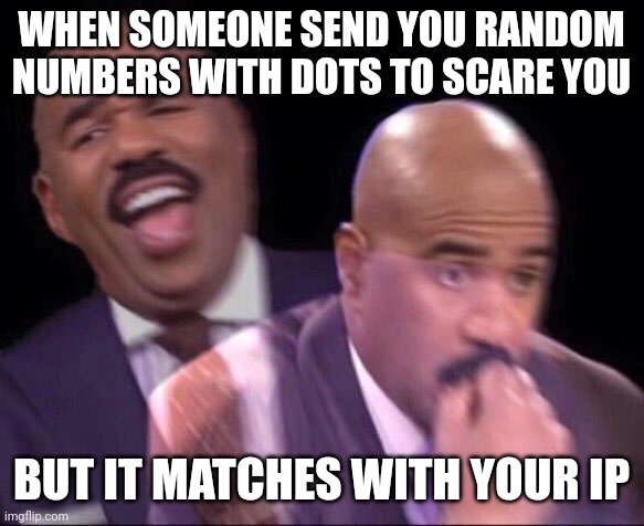 Steve Harvey happy and scared | WHEN SOMEONE SEND YOU RANDOM NUMBERS WITH DOTS TO SCARE YOU; BUT IT MATCHES WITH YOUR IP | image tagged in steve harvey happy and scared | made w/ Imgflip meme maker
