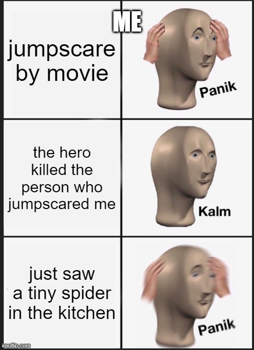 watching a movie | jumpscare by movie; ME; the hero killed the person who jumpscared me; just saw a tiny spider in the kitchen | image tagged in memes,panik kalm panik | made w/ Imgflip meme maker