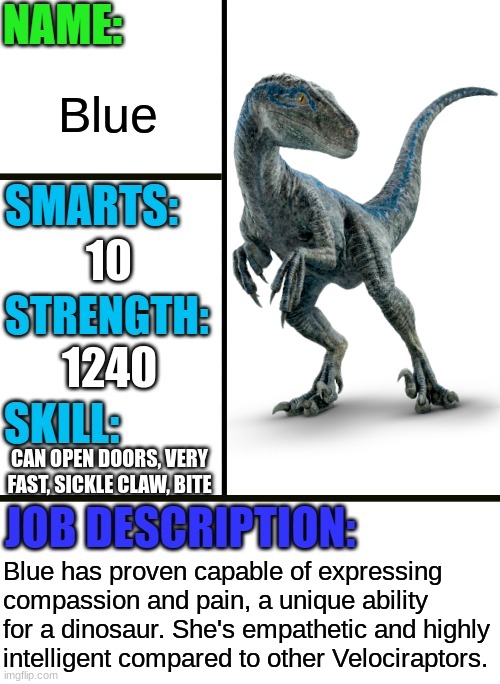 Blue the Velociraptor | Blue; 10; 1240; CAN OPEN DOORS, VERY FAST, SICKLE CLAW, BITE; Blue has proven capable of expressing compassion and pain, a unique ability for a dinosaur. She's empathetic and highly intelligent compared to other Velociraptors. | image tagged in jurassic park,jurassic world,dinosaur,velociraptor,antiboss-heroes template | made w/ Imgflip meme maker