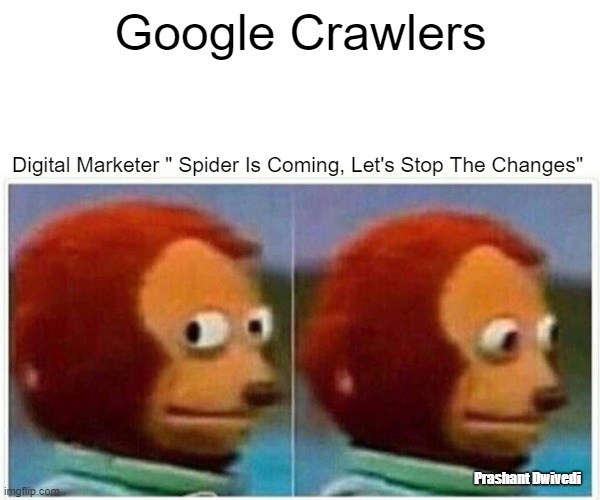 Google Crawlers | Google Crawlers; Digital Marketer " Spider Is Coming, Let's Stop The Changes"; Prashant Dwivedi | image tagged in memes,monkey puppet | made w/ Imgflip meme maker