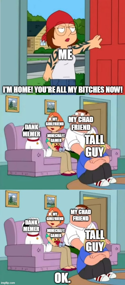 me after i back to school after being sick by covid | ME; MY CHAD FRIEND; MY GIRLFRIEND; DANK MEMER; MINECRAFT GAMER; TALL GUY; MY CHAD FRIEND; MY GIRLFRIEND; DANK MEMER; MINECRAFT GAMER; TALL GUY | image tagged in you're all my bitches now | made w/ Imgflip meme maker