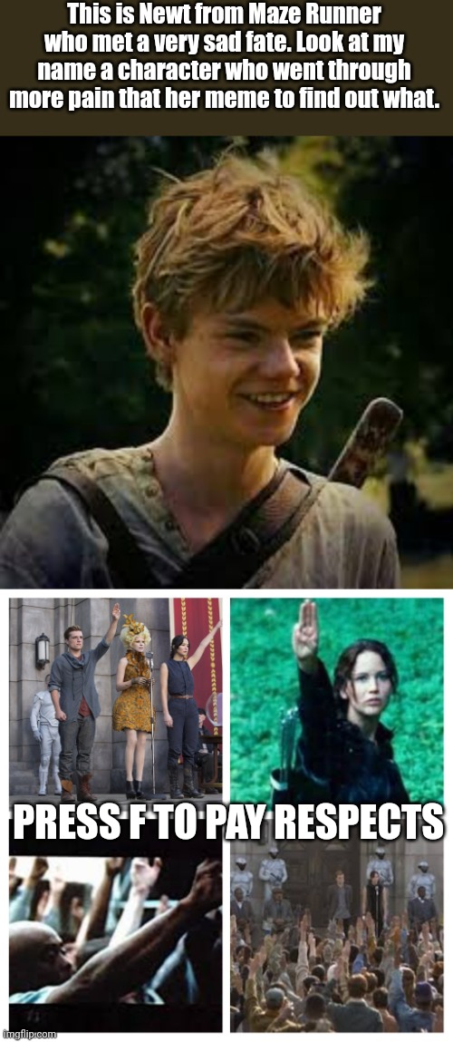 Everyone salute! | This is Newt from Maze Runner who met a very sad fate. Look at my name a character who went through more pain that her meme to find out what. PRESS F TO PAY RESPECTS | image tagged in maze runner newt,hunger games salute,hunger games,press f to pay respects | made w/ Imgflip meme maker