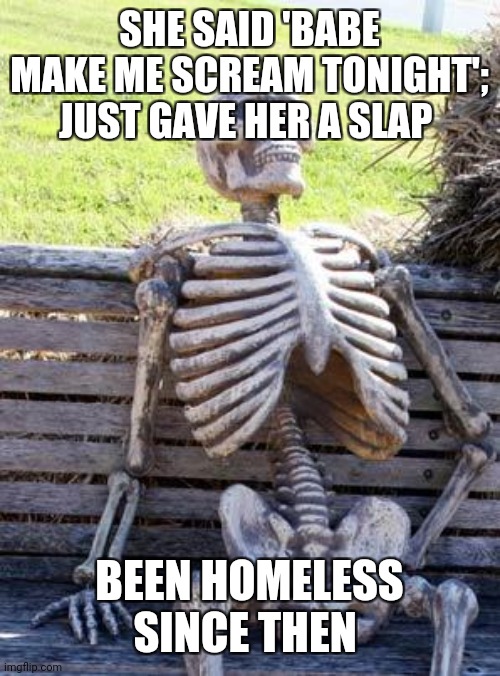 No title | SHE SAID 'BABE MAKE ME SCREAM TONIGHT'; JUST GAVE HER A SLAP; BEEN HOMELESS SINCE THEN | image tagged in memes,waiting skeleton | made w/ Imgflip meme maker