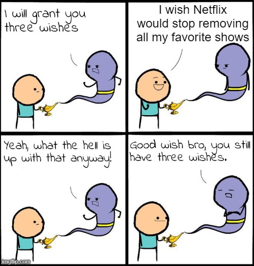 3 Wishes | I wish Netflix would stop removing all my favorite shows | image tagged in 3 wishes | made w/ Imgflip meme maker