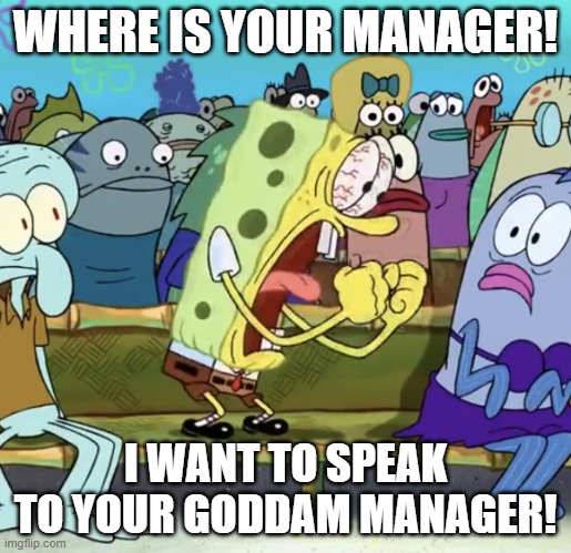 karens | WHERE IS YOUR MANAGER! I WANT TO SPEAK TO YOUR GODDAM MANAGER! | image tagged in spongebob yelling | made w/ Imgflip meme maker