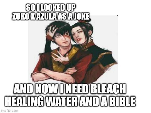 Cursed | SO I LOOKED UP ZUKO X AZULA AS A JOKE; AND NOW I NEED BLEACH HEALING WATER AND A BIBLE | image tagged in cursed image | made w/ Imgflip meme maker