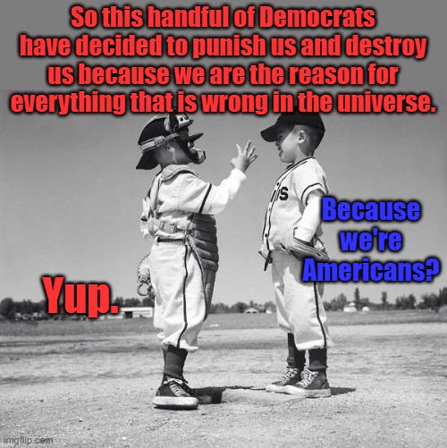 Don't worry kids, when they take away everything from us it will finally be fair. Play ball! | So this handful of Democrats have decided to punish us and destroy us because we are the reason for everything that is wrong in the universe. Because we're Americans? Yup. | image tagged in kids baseball | made w/ Imgflip meme maker