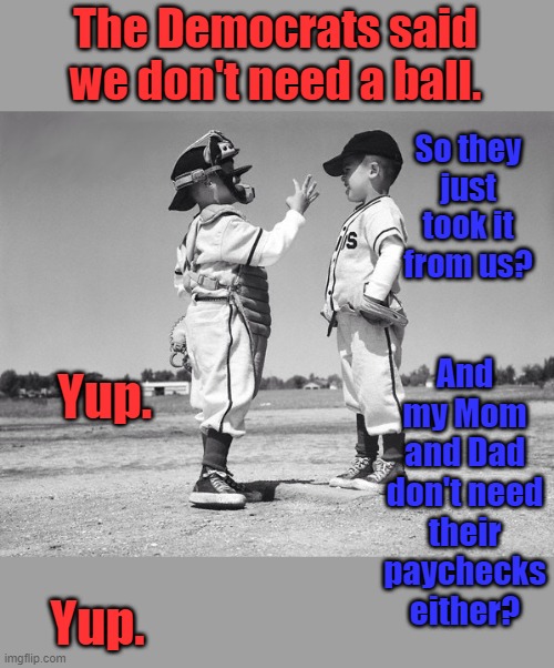 What happens when Democrats vote to spend trillions of dollars that don't exist | The Democrats said we don't need a ball. So they just took it from us? And my Mom and Dad don't need their paychecks either? Yup. Yup. | image tagged in kids baseball | made w/ Imgflip meme maker