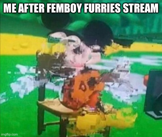 :fear: | ME AFTER FEMBOY FURRIES STREAM | image tagged in glitchy mickey | made w/ Imgflip meme maker