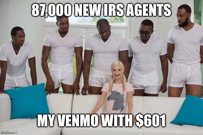 One girl five guys | 87,000 NEW IRS AGENTS; MY VENMO WITH $601 | image tagged in one girl five guys | made w/ Imgflip meme maker