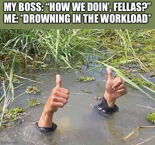 flood no worries | MY BOSS: “HOW WE DOIN’, FELLAS?”
ME: *DROWNING IN THE WORKLOAD* | image tagged in flood no worries | made w/ Imgflip meme maker