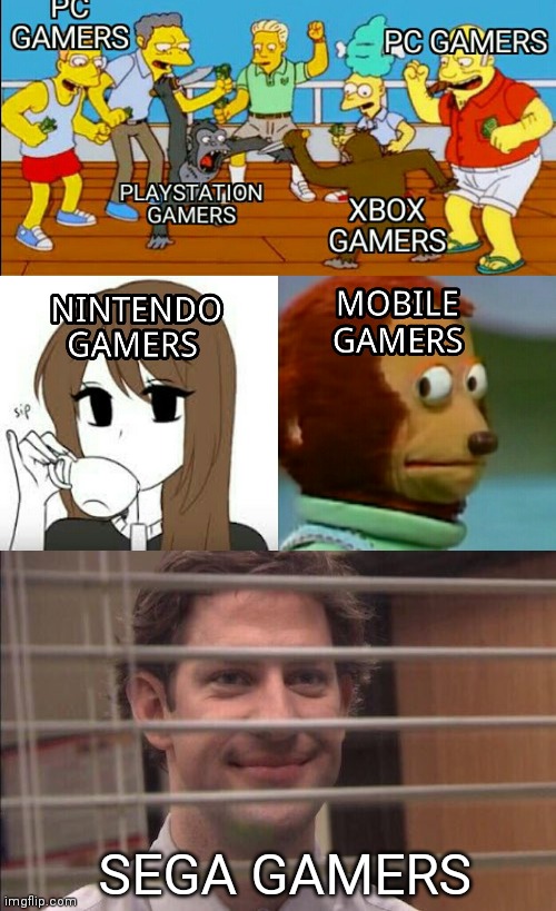 Personally, I'm a Sega type guy | SEGA GAMERS | image tagged in jim halpert smirking,sega,nintendo,playstation,xbox,pc gaming | made w/ Imgflip meme maker