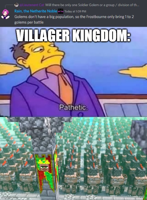 villager kingdom have WAY more golems than frostbourne | VILLAGER KINGDOM: | image tagged in skinner pathetic,rainimator,annoying villagers,minecraft,iron golem | made w/ Imgflip meme maker