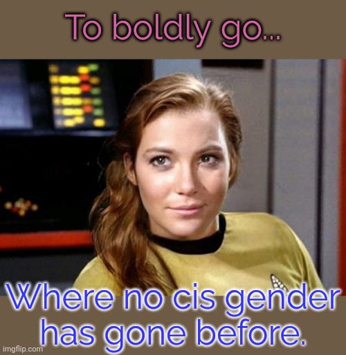 May the fluid be with you. | To boldly go... Where no cis gender
has gone before. | image tagged in female captain kirk,star trek,switch,parody,sci-fi | made w/ Imgflip meme maker