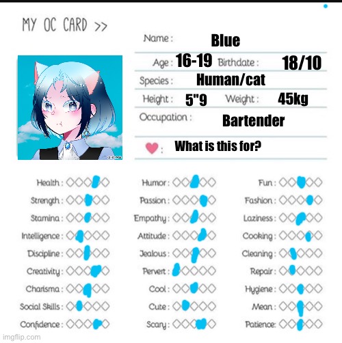 This is my original character Blue, she was made in a picrew by me | Blue; 16-19; 18/10; Human/cat; 45kg; 5"9; Bartender; What is this for? | image tagged in my oc card | made w/ Imgflip meme maker