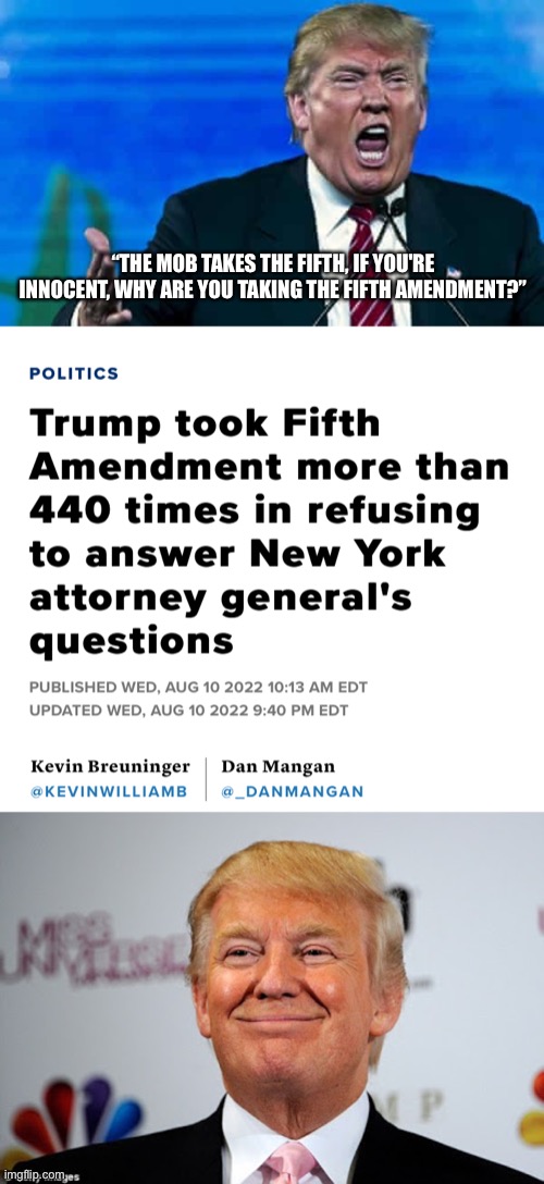 By his own words…. | “THE MOB TAKES THE FIFTH, IF YOU'RE INNOCENT, WHY ARE YOU TAKING THE FIFTH AMENDMENT?” | image tagged in trump mad,donald trump approves | made w/ Imgflip meme maker