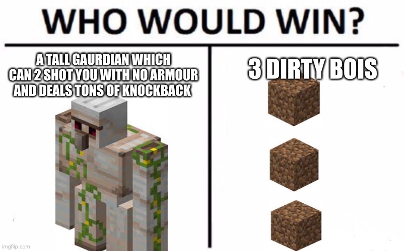 Who Would Win? | 3 DIRTY BOIS; A TALL GAURDIAN WHICH CAN 2 SHOT YOU WITH NO ARMOUR AND DEALS TONS OF KNOCKBACK | image tagged in memes,who would win,minecraft,iron,golem,dirt | made w/ Imgflip meme maker