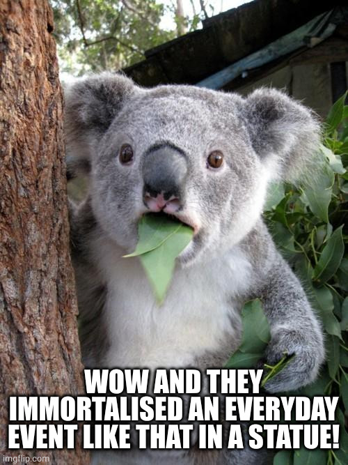 Surprised Koala Meme | WOW AND THEY IMMORTALISED AN EVERYDAY EVENT LIKE THAT IN A STATUE! | image tagged in memes,surprised koala | made w/ Imgflip meme maker