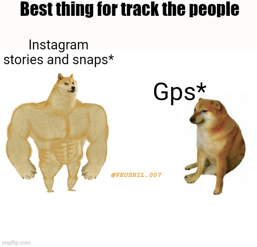 Buff Doge vs. Cheems Meme | Best thing for track the people; Instagram stories and snaps*; Gps*; @VRUSHIL.007 | image tagged in memes,buff doge vs cheems | made w/ Imgflip meme maker