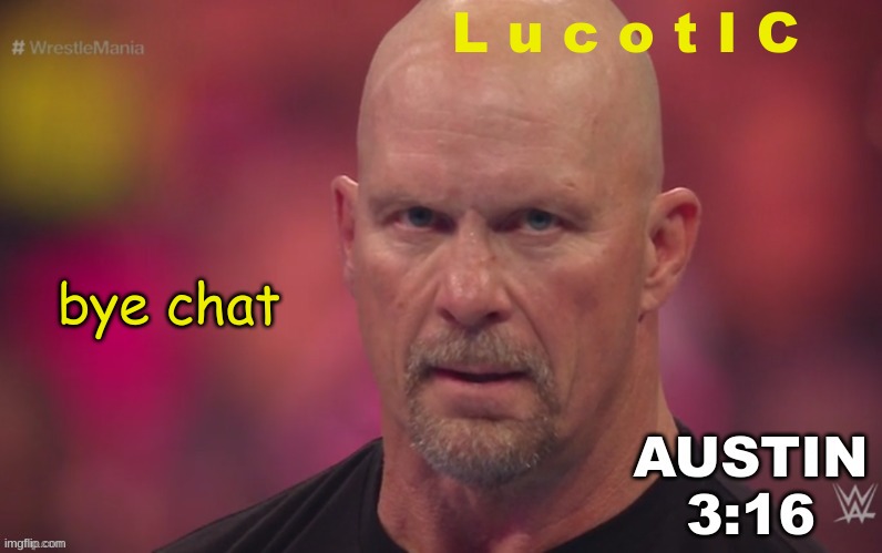 Steve Austin template | L u c o t I C; bye chat | image tagged in steve austin template | made w/ Imgflip meme maker