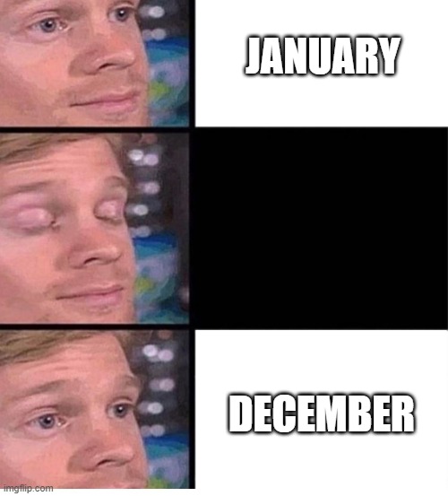 Time passes fast | JANUARY; DECEMBER | image tagged in blinking guy vertical blank | made w/ Imgflip meme maker
