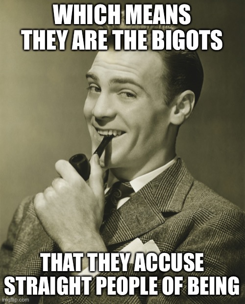 Smug | WHICH MEANS THEY ARE THE BIGOTS THAT THEY ACCUSE STRAIGHT PEOPLE OF BEING | image tagged in smug | made w/ Imgflip meme maker