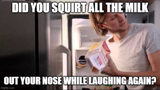 We ARE LITERALLY OUT OF MILK | DID YOU SQUIRT ALL THE MILK OUT YOUR NOSE WHILE LAUGHING AGAIN? | image tagged in we are literally out of milk | made w/ Imgflip meme maker