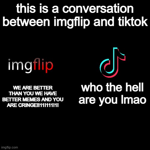Blank black  template |  this is a conversation between imgflip and tiktok; WE ARE BETTER THAN YOU WE HAVE BETTER MEMES AND YOU ARE CRINGE!!11!111!1! who the hell are you lmao | image tagged in blank black template,imgflip users,memes | made w/ Imgflip meme maker