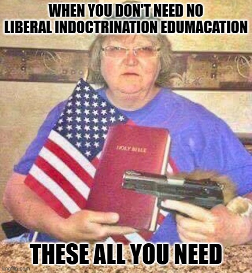 WHEN YOU DON'T NEED NO LIBERAL INDOCTRINATION EDUMACATION; THESE ALL YOU NEED | image tagged in uneducated bible thumper,politics,funny | made w/ Imgflip meme maker