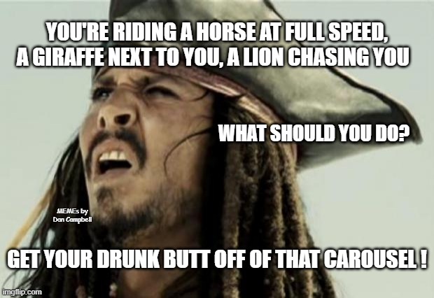 confused dafuq jack sparrow what | YOU'RE RIDING A HORSE AT FULL SPEED, A GIRAFFE NEXT TO YOU, A LION CHASING YOU; WHAT SHOULD YOU DO? MEMEs by Dan Campbell; GET YOUR DRUNK BUTT OFF OF THAT CAROUSEL ! | image tagged in confused dafuq jack sparrow what | made w/ Imgflip meme maker