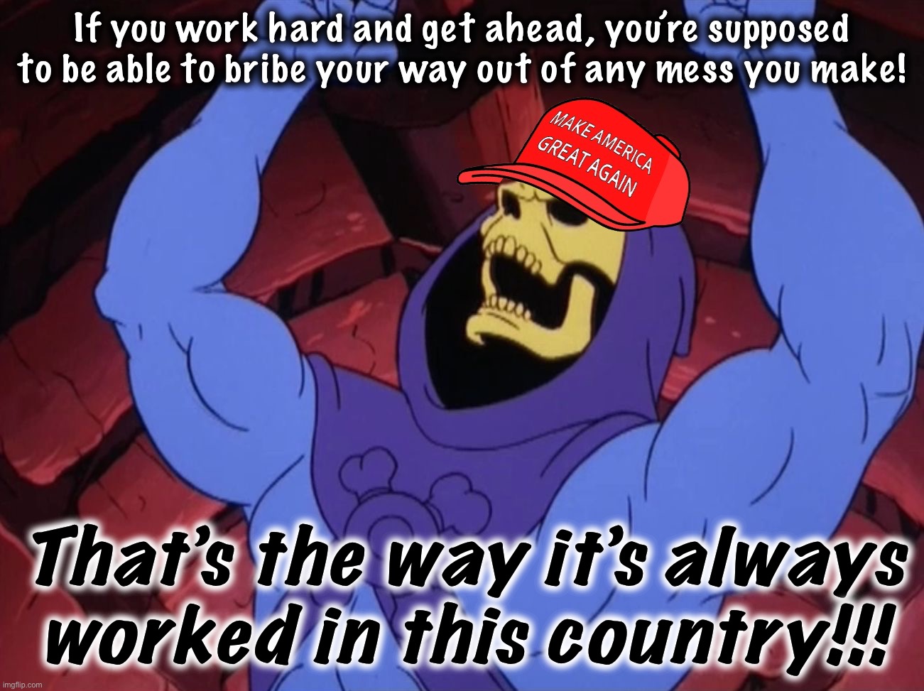 "If billionaires aren’t safe, then no one’s safe!!" | If you work hard and get ahead, you’re supposed to be able to bribe your way out of any mess you make! That’s the way it’s always worked in this country!!! | image tagged in maga skeletor,skeletor,maga,conservative logic,trump is an asshole,trump is a moron | made w/ Imgflip meme maker