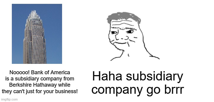 How did you get from Berkshire Hathaway? | Nooooo! Bank of America is a subsidiary company from Berkshire Hathaway while they can't just for your business! Haha subsidiary company go brrr | image tagged in nooo haha go brrr,memes | made w/ Imgflip meme maker