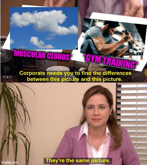 -Visiting for health. | *MUSCULAR CLOUDS*; *GYM TRAINING* | image tagged in memes,they're the same picture,gymlife,training day,muscles,totally looks like | made w/ Imgflip meme maker