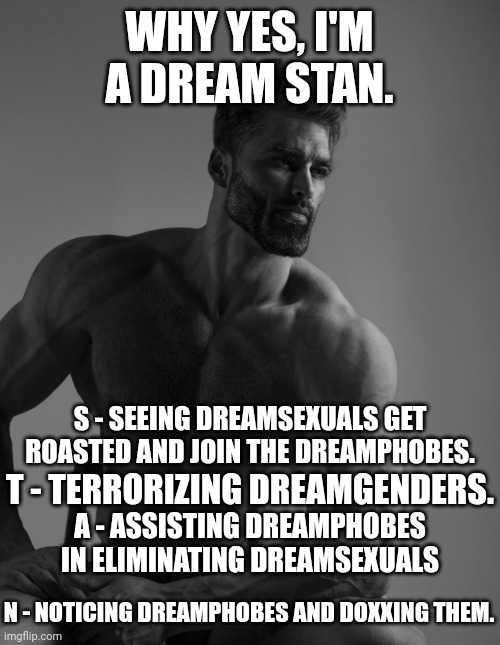 Shitpost Status 3 | WHY YES, I'M A DREAM STAN. S - SEEING DREAMSEXUALS GET ROASTED AND JOIN THE DREAMPHOBES. T - TERRORIZING DREAMGENDERS. A - ASSISTING DREAMPHOBES IN ELIMINATING DREAMSEXUALS; N - NOTICING DREAMPHOBES AND DOXXING THEM. | image tagged in giga chad | made w/ Imgflip meme maker
