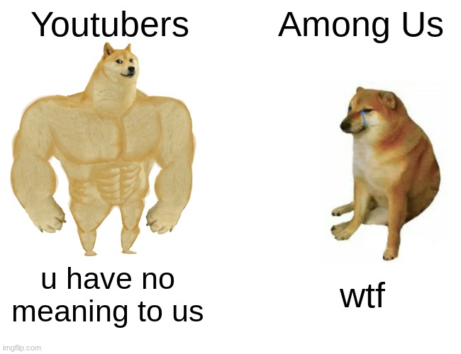 Buff Doge vs. Cheems | Youtubers; Among Us; u have no meaning to us; wtf | image tagged in memes,buff doge vs cheems | made w/ Imgflip meme maker