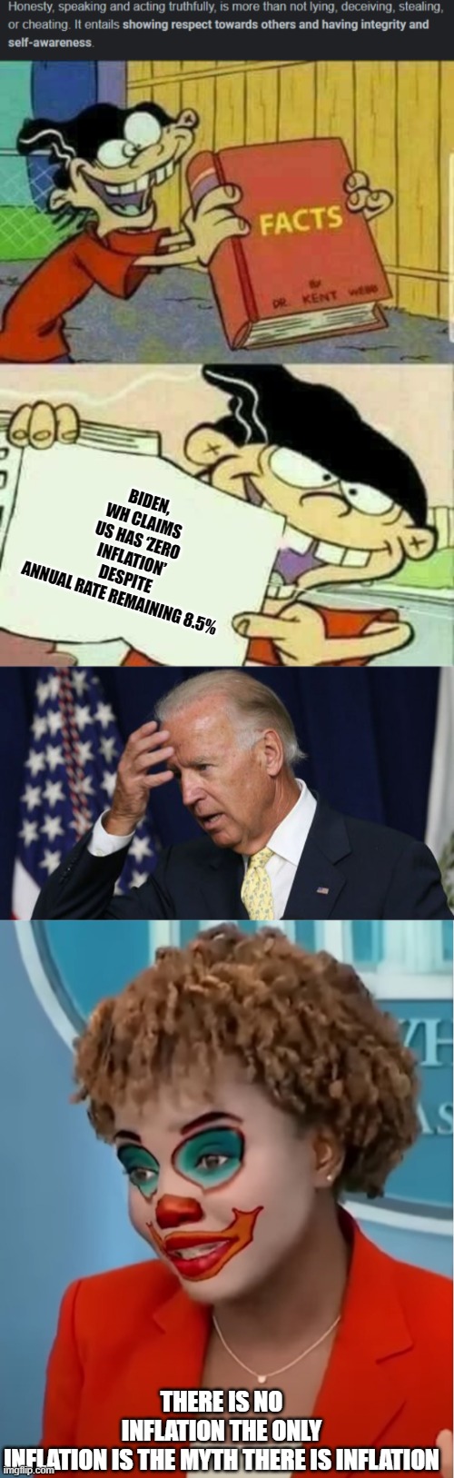 Honesty has left the building | BIDEN, WH CLAIMS US HAS ‘ZERO INFLATION’ DESPITE ANNUAL RATE REMAINING 8.5%; THERE IS NO INFLATION THE ONLY INFLATION IS THE MYTH THERE IS INFLATION | image tagged in double d facts book,joe biden worries,clown karine | made w/ Imgflip meme maker