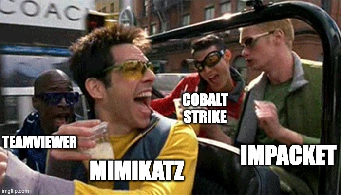 Zoolander Jeep Scene | COBALT
STRIKE; TEAMVIEWER; IMPACKET; MIMIKATZ | image tagged in zoolander jeep scene | made w/ Imgflip meme maker