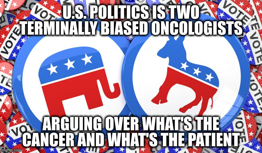 Republicans and Democrats together | U.S. POLITICS IS TWO TERMINALLY BIASED ONCOLOGISTS; ARGUING OVER WHAT'S THE CANCER AND WHAT'S THE PATIENT | image tagged in republicans and democrats together | made w/ Imgflip meme maker