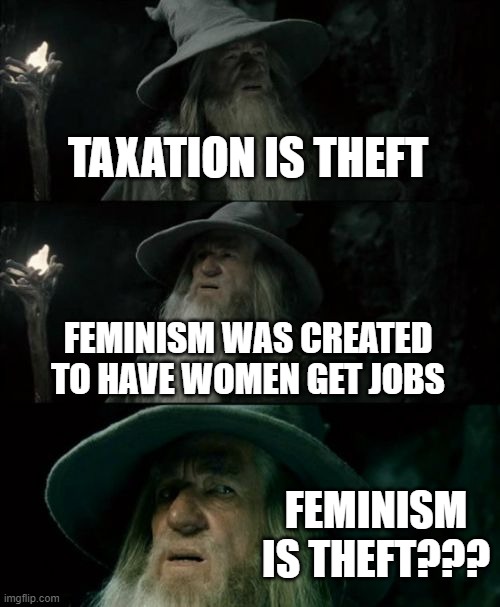 Something to ponder. | TAXATION IS THEFT; FEMINISM WAS CREATED TO HAVE WOMEN GET JOBS; FEMINISM IS THEFT??? | image tagged in memes,confused gandalf | made w/ Imgflip meme maker
