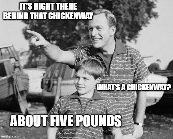 More or less | IT'S RIGHT THERE BEHIND THAT CHICKENWAY; WHAT'S A CHICKENWAY? ABOUT FIVE POUNDS | image tagged in memes,look son,eyeroll,dad joke | made w/ Imgflip meme maker