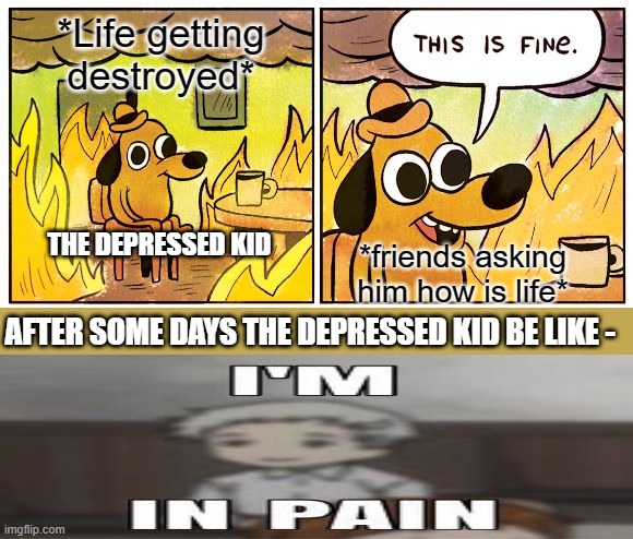 The depressed kid | *Life getting destroyed*; THE DEPRESSED KID; *friends asking him how is life*; AFTER SOME DAYS THE DEPRESSED KID BE LIKE - | image tagged in memes,this is fine | made w/ Imgflip meme maker