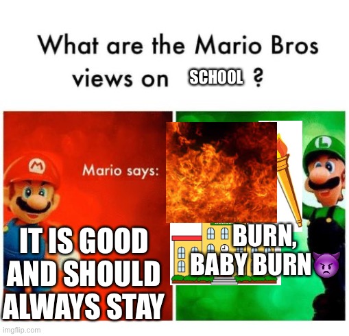 Mario is right!!! | SCHOOL; BURN, BABY BURN👿; IT IS GOOD AND SHOULD ALWAYS STAY | image tagged in mario says luigi says | made w/ Imgflip meme maker