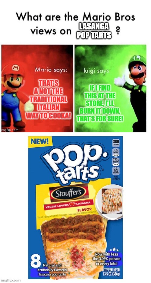 Mario brothers views | image tagged in mario bros views,luigi,mario,poptart | made w/ Imgflip meme maker